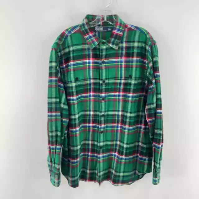 VTG Polo by Ralph Lauren Green Suede Elbow Flannel Plaid Button-Up Shirt Men XL