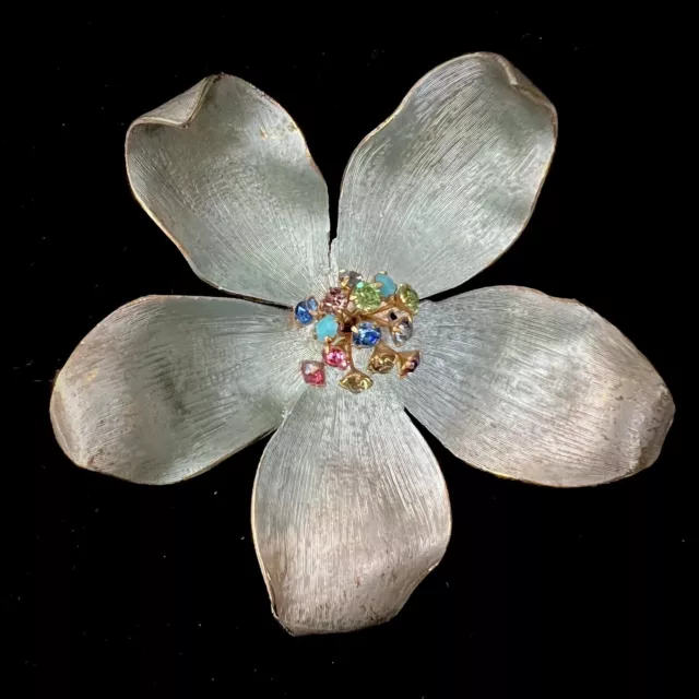 Vintage Iridescent Blue Flower Brooch Pin Multicolor Rhinestone Center Gold Tone