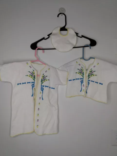 Vtg Flannel Hand Embroidered Infant Baby Girl 3 Piece Layette Set Bib Clothing