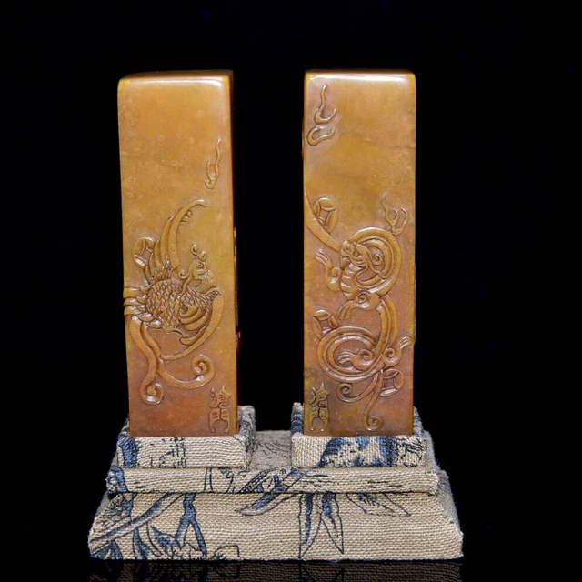 Chinese Exquisite Handmade Dragon Phoenix Carving Shoushan Stone Seal A Pair