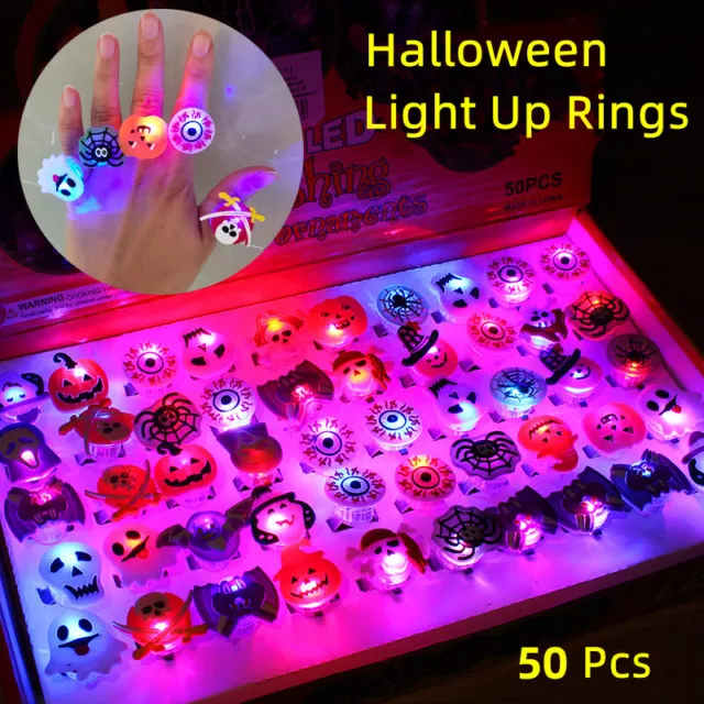 50 Pcs LED Flashing Ring Toys  Halloween Kids Party Halloween Light Up Rings