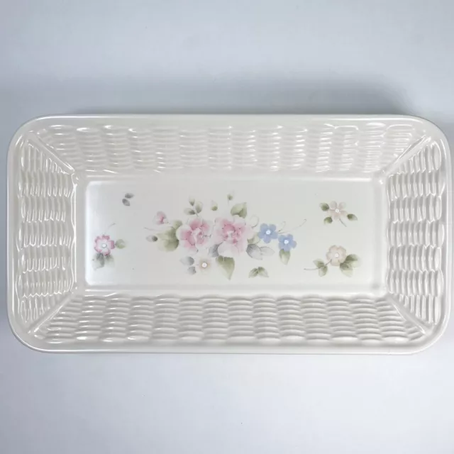 Vintage Pfaltzgraff Rectangle Bread Tray Cream Basket Weave Floral Design 12.5"