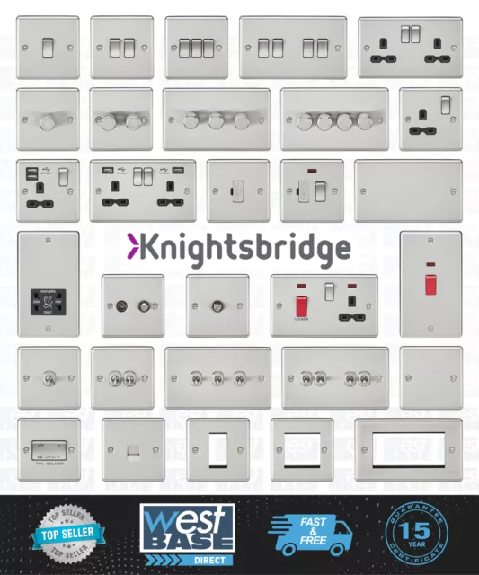 KNIGHTSBRIDGE BRUSHED CHROME ROUNDED EDGE Switches & Sockets ALL Inserts + USB