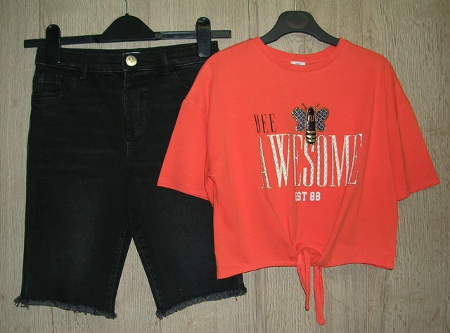 RIVER ISLAND Girls Black Denim Shirts Orange BEE T-Shirt Outfit Age 9-10 140cm