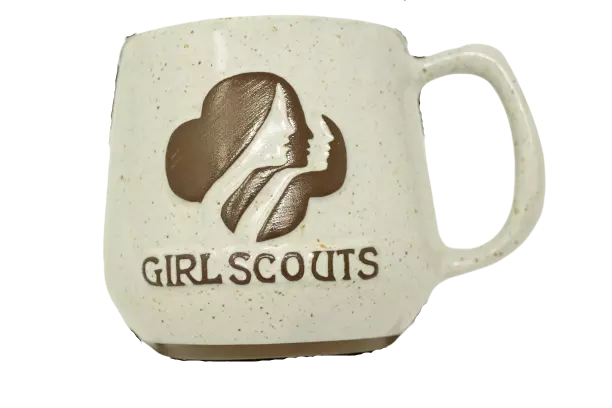 Vtg Girl Scouts Coffee Mug Stoneware Speckled Brown 10 oz Raised Design Brownies