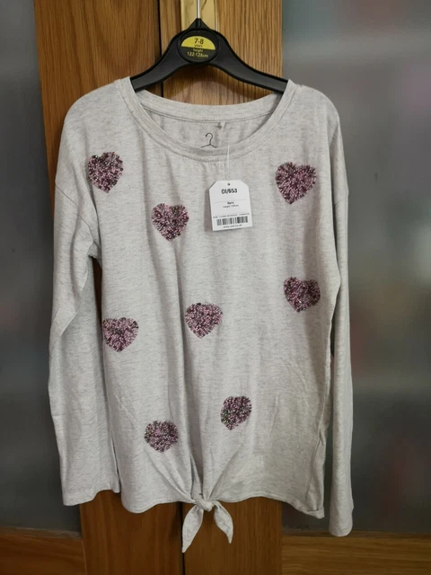 BNWT Girls NEXT Grey Heart Pink Purple Sequin Bead Tie Top age 9