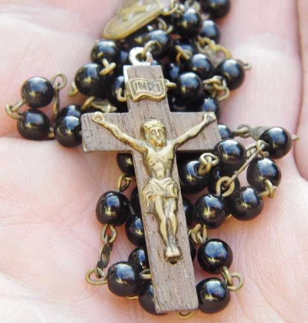 Unusual Antique Black Glass & Brass Rosary Beads Cross Crucifix Prayer Chaplet