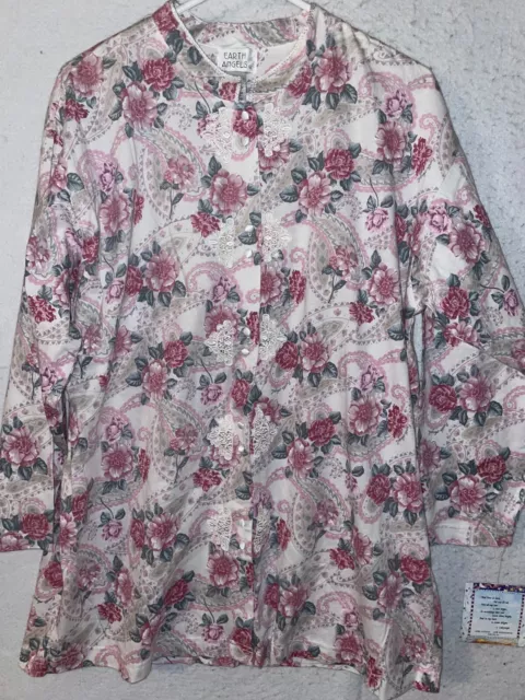 Earth Angels Womens Sz M Long Sleeve Floral Button Up Sleep Gown VTG 100% Cotton