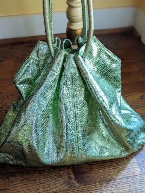 $398 MICHAEL KORS Astor Large Studded Metallic Green Leather Shoulder Hobo Bag