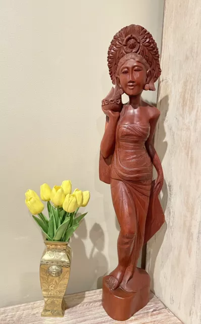 FREE SHIPPING Mid 20th Century Balinese Carved Wooden Woman Figure 29” BEAUTIFUL
