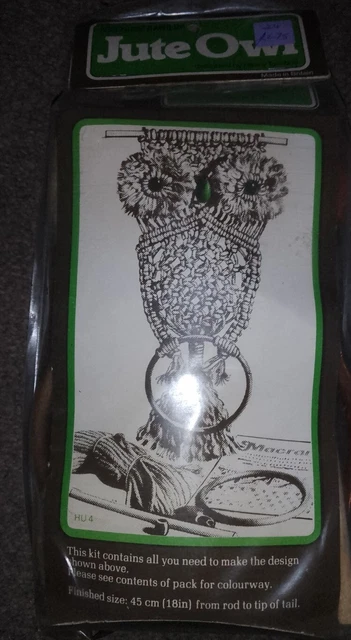 De colección 1978 Macrame Hang Up Yute Búho Atlascraft totalmente nuevo sin abrir