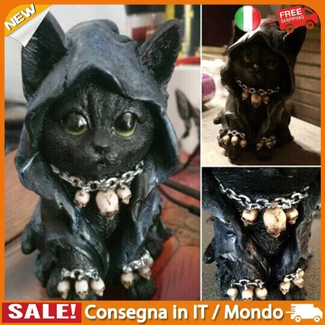 IT Cat Statue Feline Cloaked Grim Reaper Cat Figurine with Skull Necklace (M)