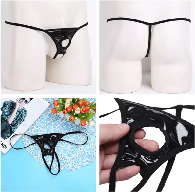 Mens Lingerie Penis Holes Patent Leather G-string Bikini Underwear Underpants