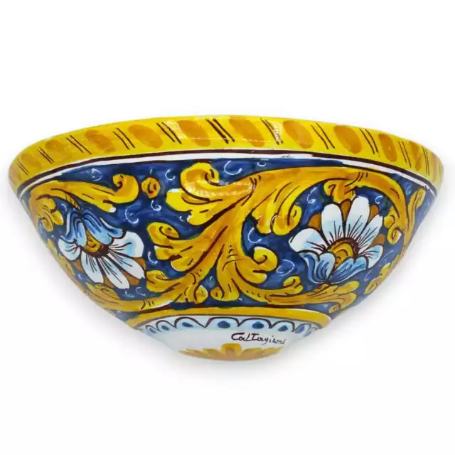 Gerla in ceramica Caltagirone, decoro Barocco e fiori su fondo blu - 25 L x 11 h