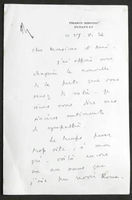 Lettera con autografo del Ministro delle Finanze Ungherese - 1936