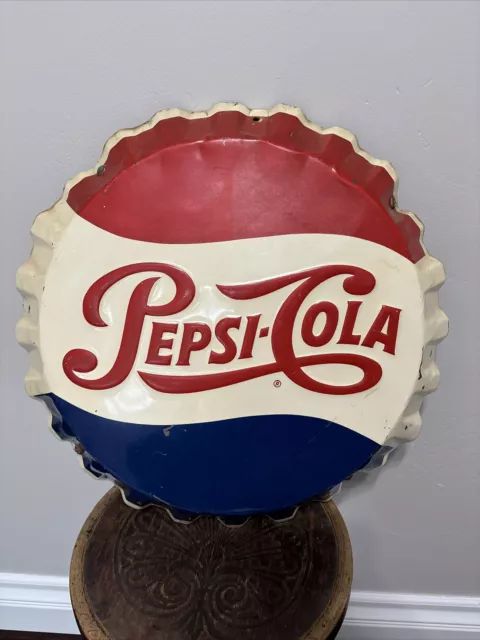 Vintage Pepsi-Cola Bottle Cap 18” Round Metal 1950-60 Stout Sign USA M-114-P3