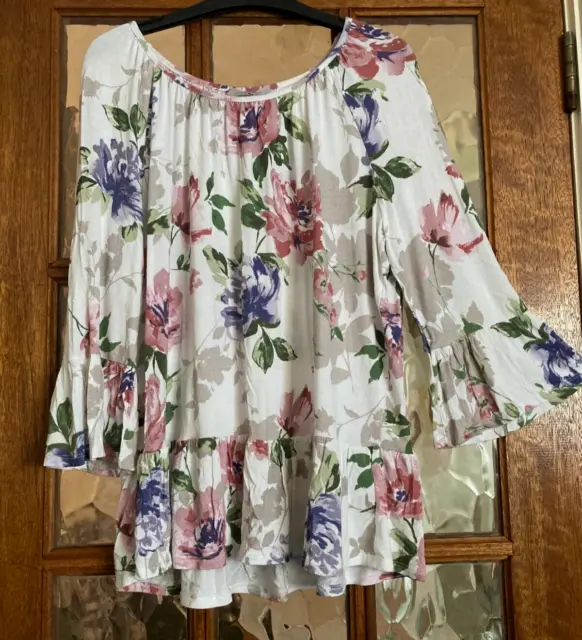 VGC Ladies TU @ SAINSBURYS Ecru OFF WHITE MIXED FLORAL PRINT FLUTTER CUFF Top 14