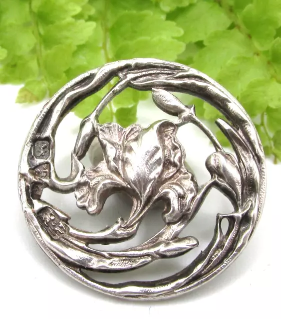 Beautiful Signed Hallmark  Antique Art Nouveau Sterling Iris Flower Button Z8