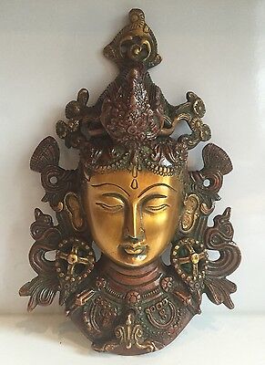 HEAVY 8.5'' TIBETAN BUDDHA FACE Tara Devi HEAD WALL Hanging BRASS Shamanism