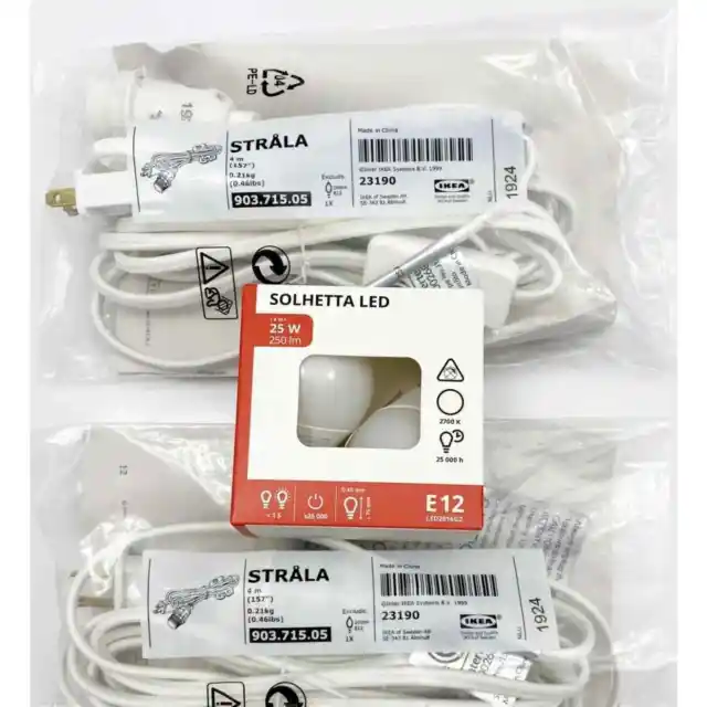 SET of 2 - Ikea STRALA Cord Set for Star Shade 157" + 2 LED e12 Bulbs White.