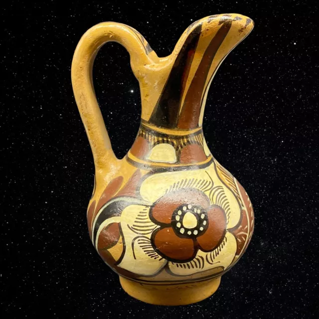 Vintage Mexican Folk Art Pottery Hand Painted Brown Pitcher Signed 6.25”T 3.75”W
