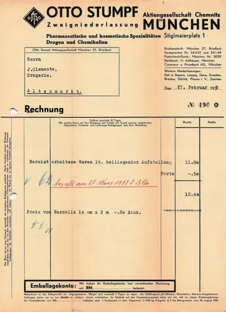 alte Rechnung Quittung 1933 Otto Stumpf München Chemnitz Aktiengesellschaft AG