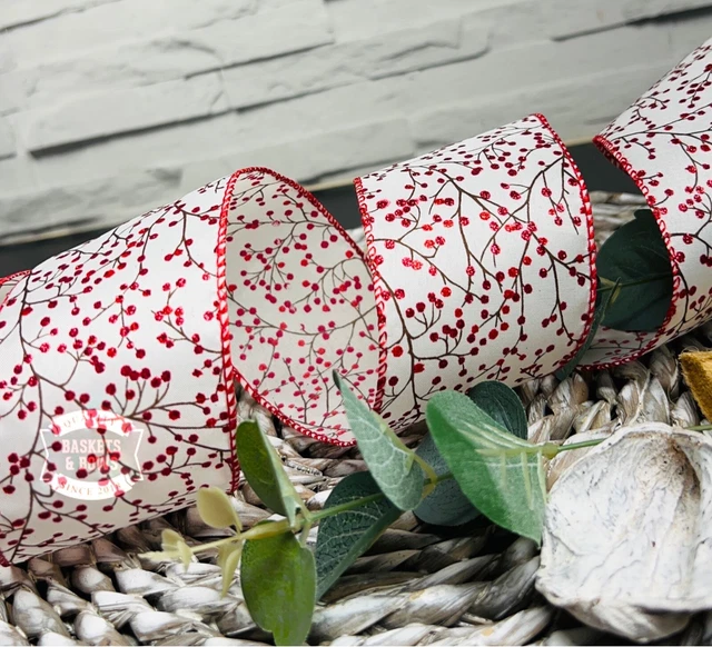 WEIHNACHTSDRAHTKANTENBAND ROTE BEEREN BAND 63 mm GESCHENKVERPACKUNG HANDWERK DEKORATION