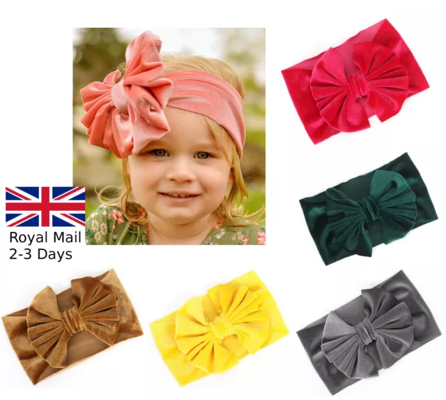 Baby Girls Velvet Bow Turban Headband Hair band Head Wrap Kids Plain Stretch