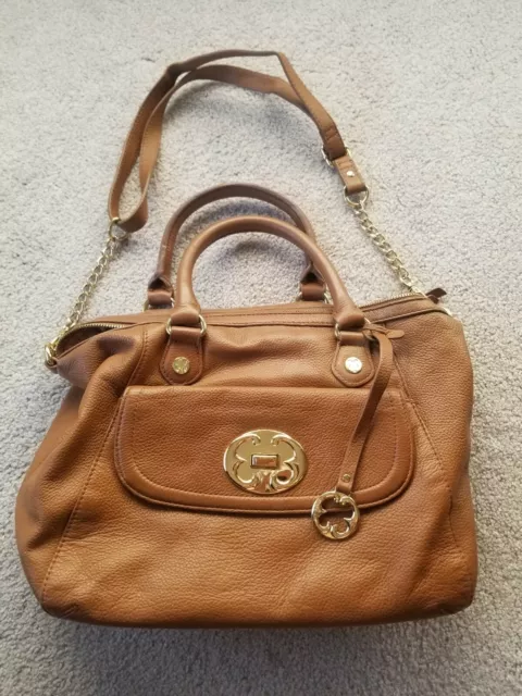 EMMA FOX Designer Saddle Brown Gold Satchel Crossbody LEATHER HANDBAG Tote