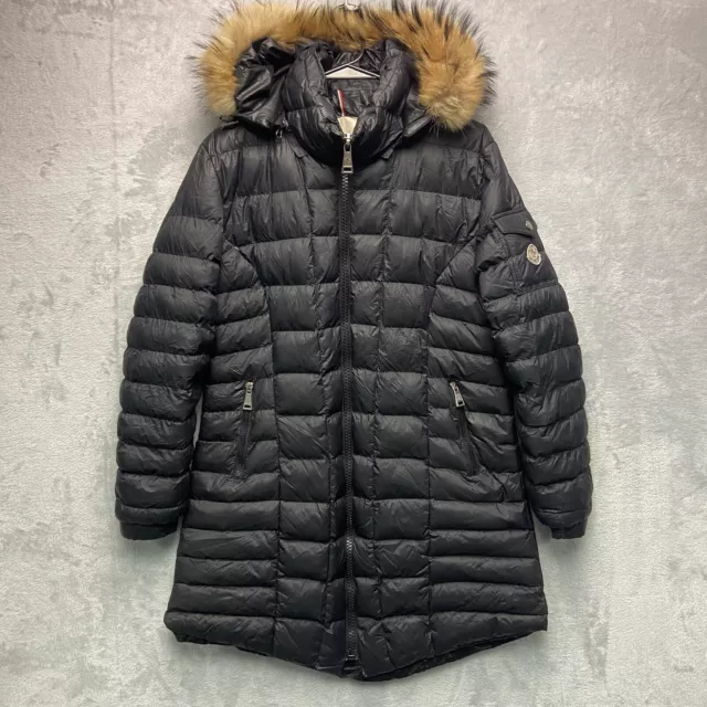 Moncler Long Puffer Jacket Womens Size 4 Black Full Zip Fur Hooded Down Filled