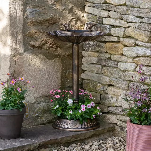 Garden Traditional Ornament Cast Iron Bird Feeder with Water Bath Bowl & Planter