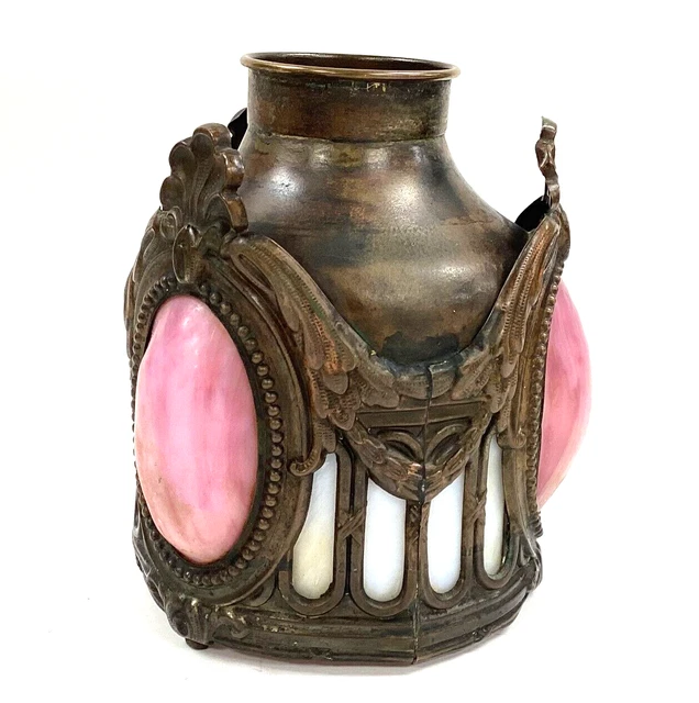 Victorian Brass Pink and White Slag Glass Baroque Art Noveau Lampshade