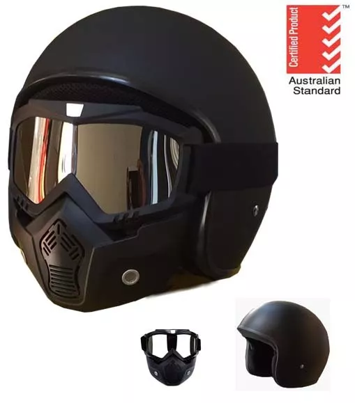 Motorcycle Helmet Matt Black Open Face Australian Approved Harley + Goggles Mask