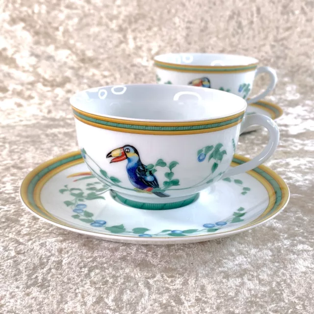 2 Sets x Authentic HERMES Tea Cup & Saucer French Porcelain Toucans ｗ/SMALL CHIP