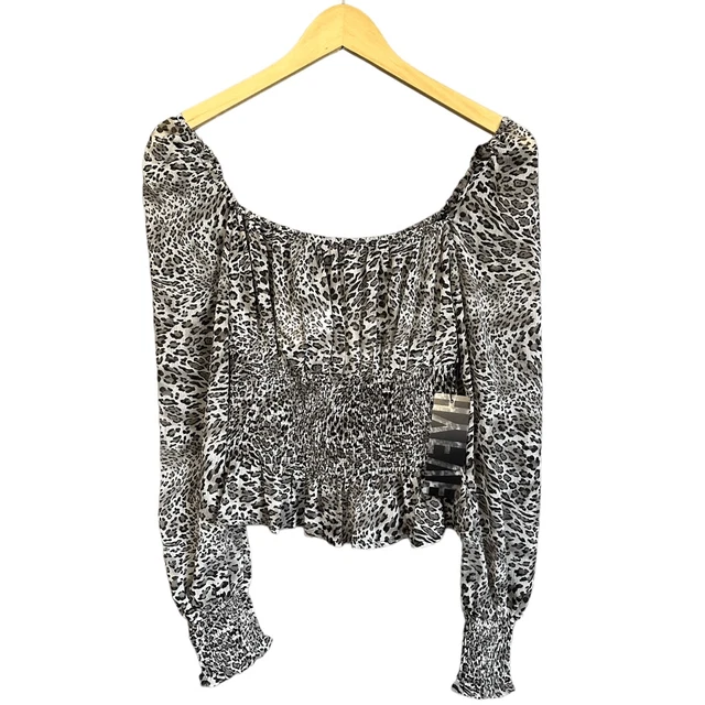 Leopard Print Puff Sleeve Smocked Ruffle Peplum Hem Blouse
