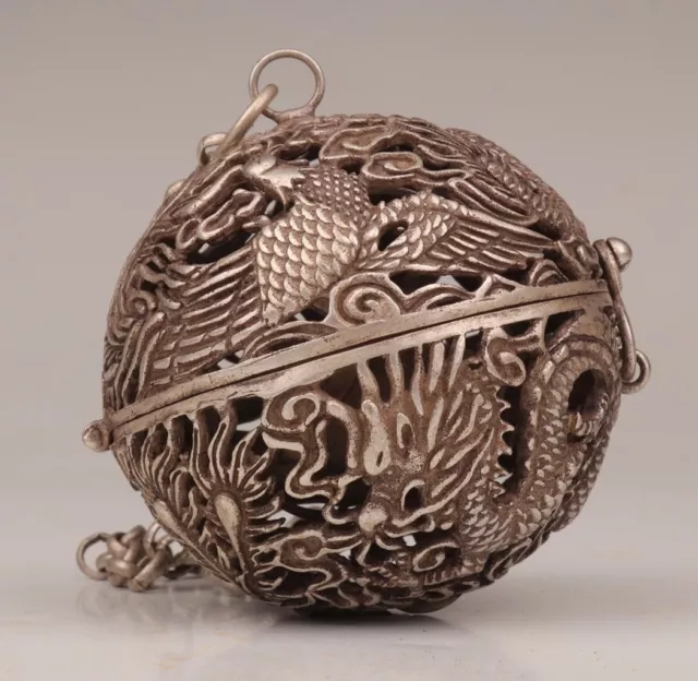 Exquisite Old TIBET SILVER PENDANT INCENSE BURNER BALL DRAGON PHOENIX SACRED YT