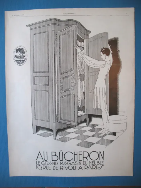 PUBLICITE DE PRESSE AU BUCHERON ARMOIRE ILLUSTRATION RENé VINCENT AD 1927