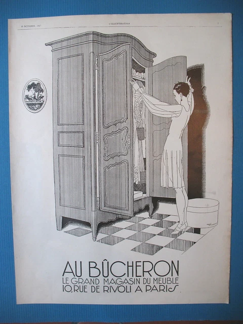 PUBLICITE DE PRESSE AU BUCHERON ARMOIRE ILLUSTRATION RENé VINCENT AD 1927
