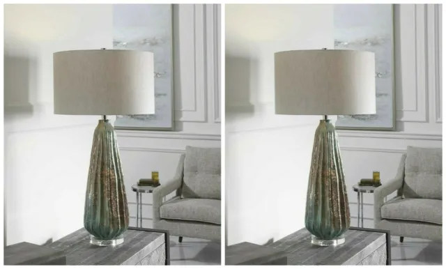 Pair Mondrian Modern Abstract Art Glass Xxl 32" Table Lamp Uttermost 28399