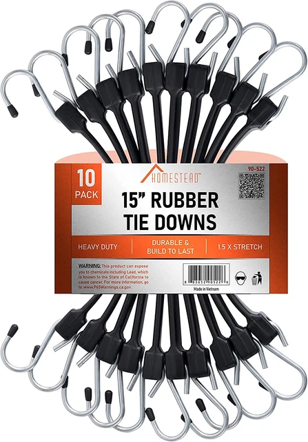 HOMESTEAD 10 Pack 15-Inch Black EPDM Tie Downs Rubber Bungee Cords with Hooks(2