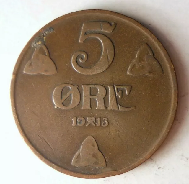 1913 NORWAY 5 ORE - Excellent Coin - FREE SHIP - BARGAIN BIN #62