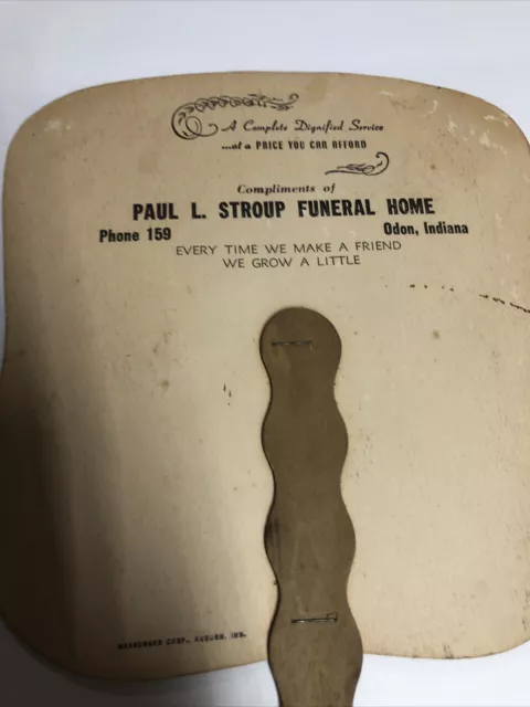 1950s Paper Hand Fan Paddle Fan Advertisement Stroup Funeral Home Oden Indiana