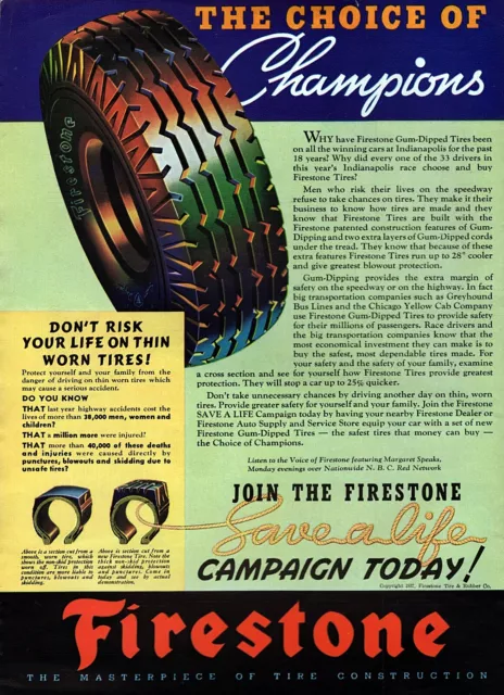 1937 Firestone Gum Dipped Tires Original Color Print Ad