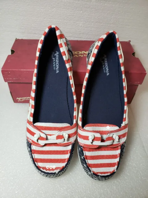 Arizona Jeans Americana Womens Slip On Boat Shoes Red White Blue Stars & Stripes