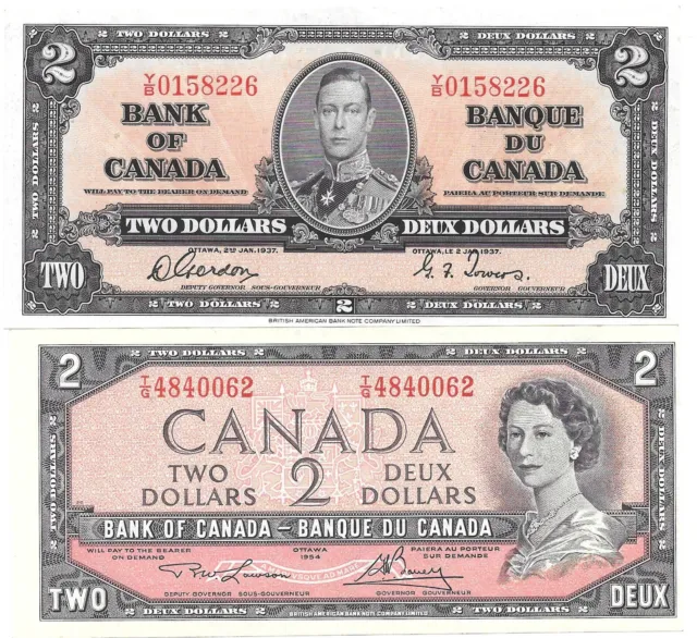 2 Different $2 Canada Notes 1937, 1954, Lt. Circ, 1 Miss-Cut Error