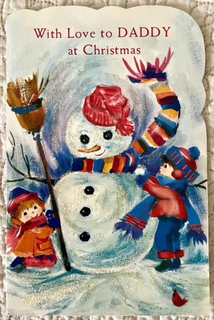 Unused Christmas Snowman Boy Girl Snow Sparkle Vtg Greeting Card 1950s 1960s