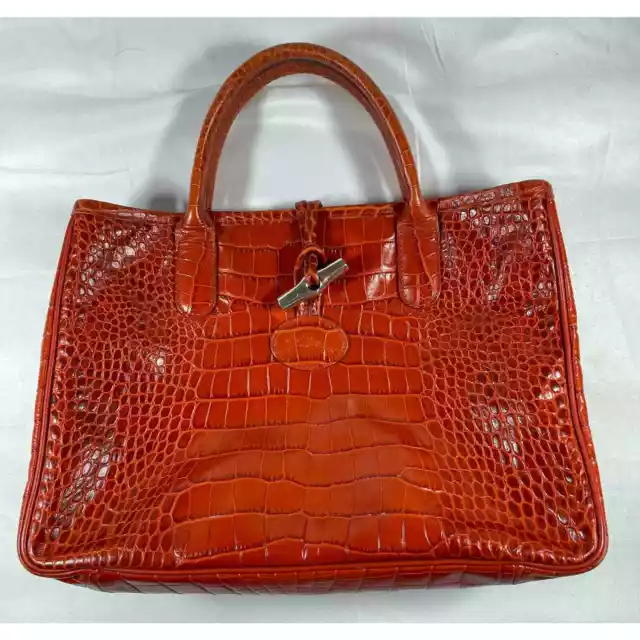 Longchamp Terracotta Roseau Croc Embossed Leather Toggle Top Handle Tote Purse