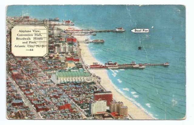 Atlantic City NJ Postcard New Jersey Aerial View Boardwalk Piers Beach