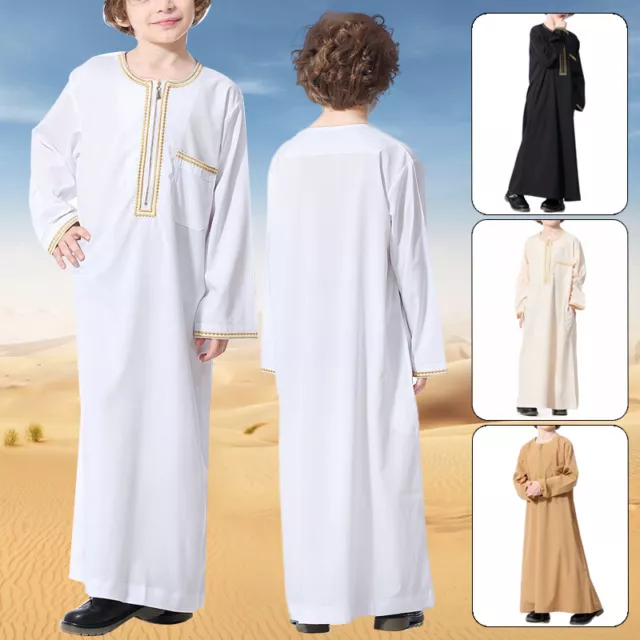 Muslim Islamic Kids Boys Abaya Casual Long Sleeve Kaftan Maxi Robe Clothes 2