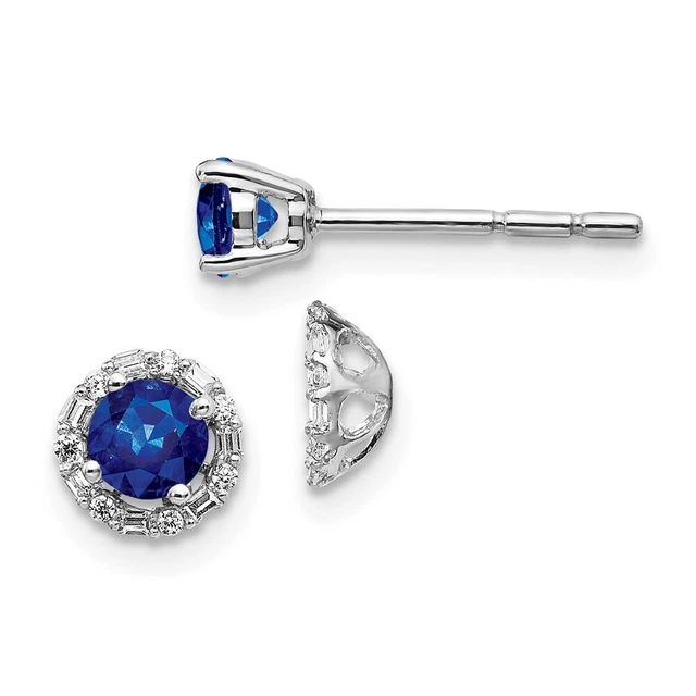 Real 14K White Gold Diamond and Sapphire Stud w/Jacket Earrings; Women & Men